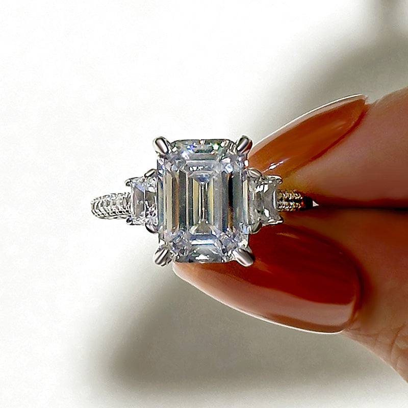 Ahabobo Stunning Emerald Cut Three Stone Engagement Ring In Sterling Silver