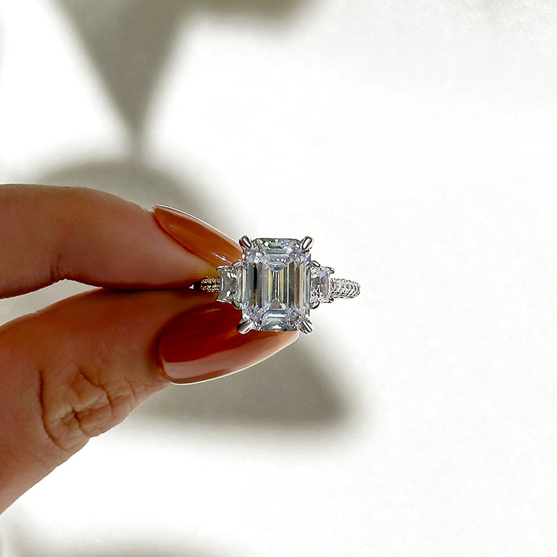 Ahabobo Stunning Emerald Cut Three Stone Engagement Ring In Sterling Silver