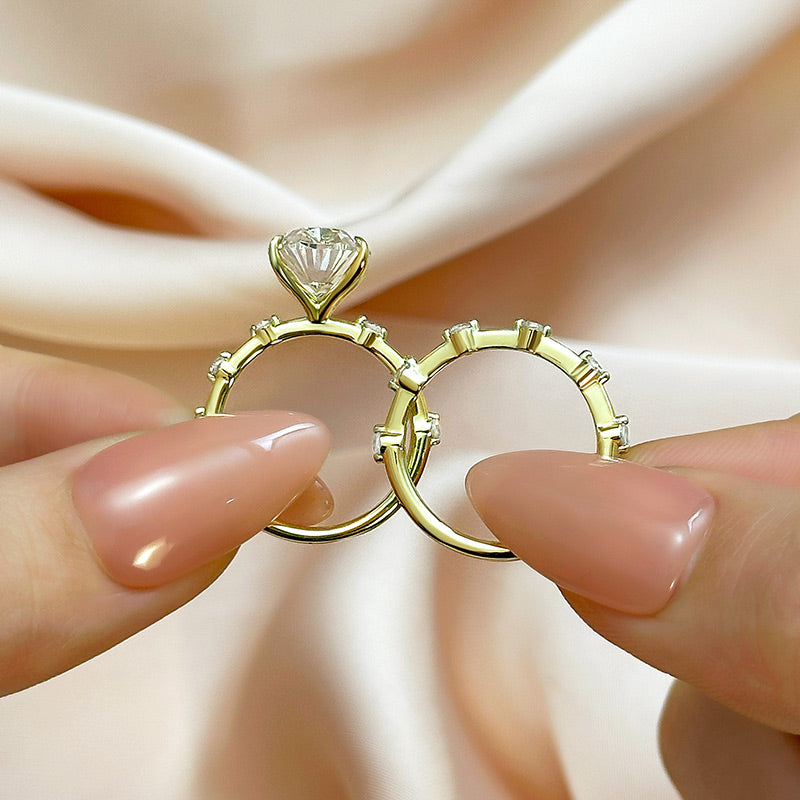 Ahabobo Yellow Gold Oval Cut Wedding Ring Set With Fashion Thin Wedding Band