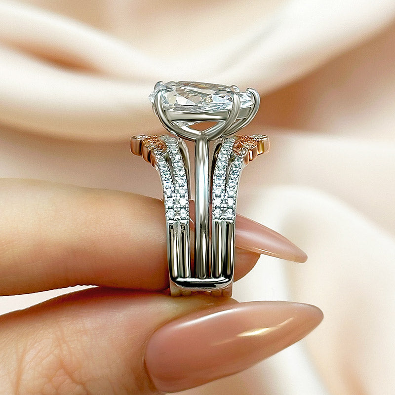 Ahabobo Pear Cut Insert Wedding Ring Set With Vintage Two-Tone Wedding Band