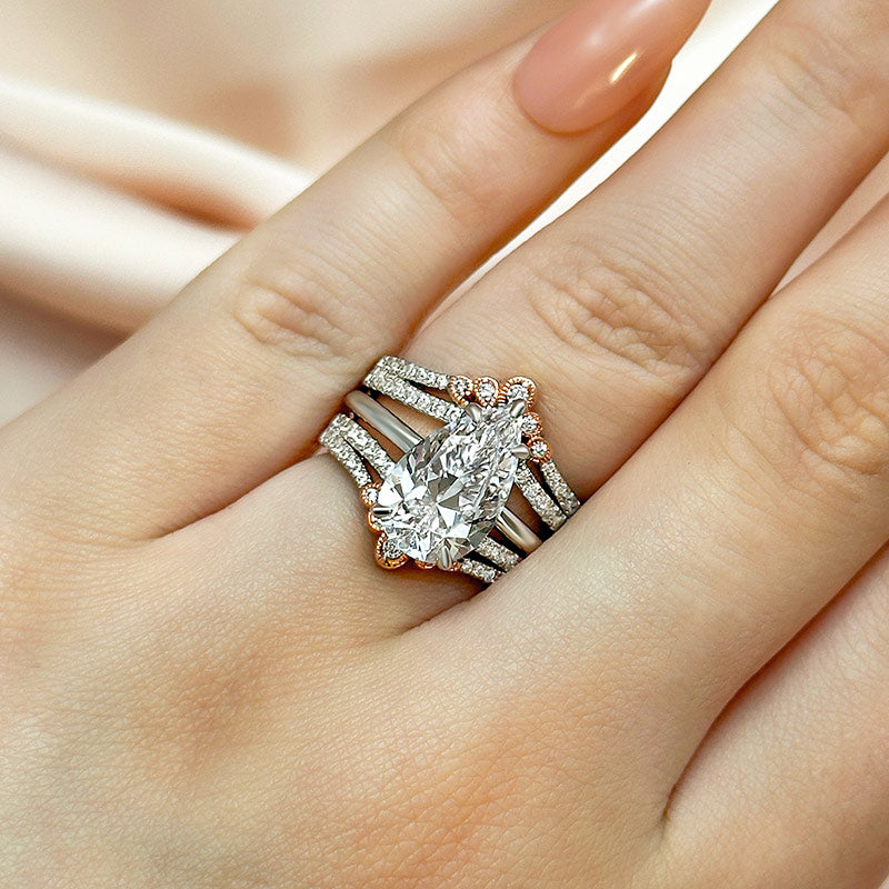 Ahabobo Pear Cut Insert Wedding Ring Set With Vintage Two-Tone Wedding Band