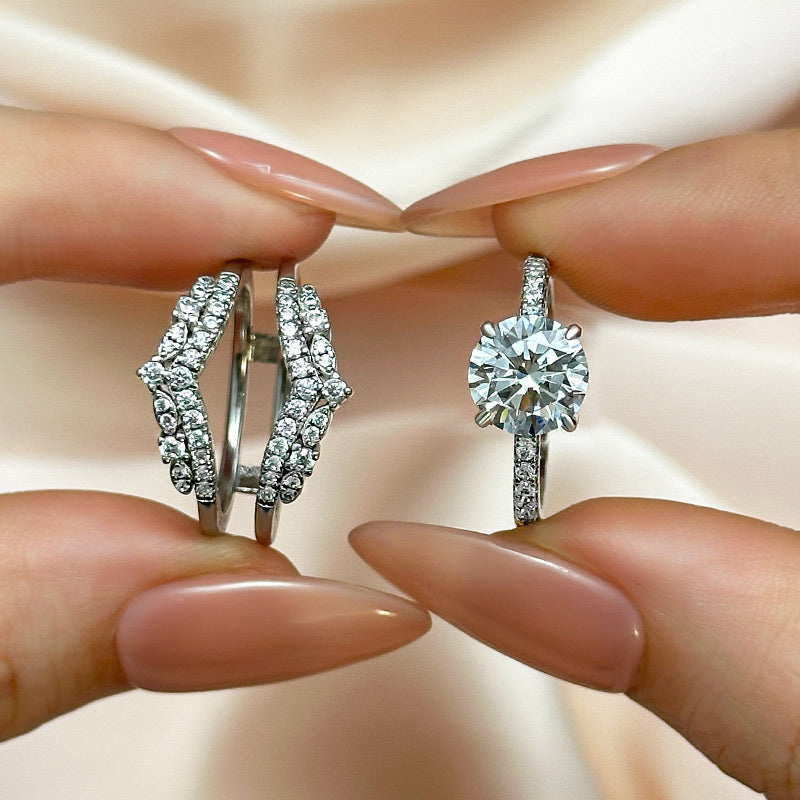 Ahabobo Classic Round Cut Insert Wedding Ring Set With Round Cut Jacket Wedding Band