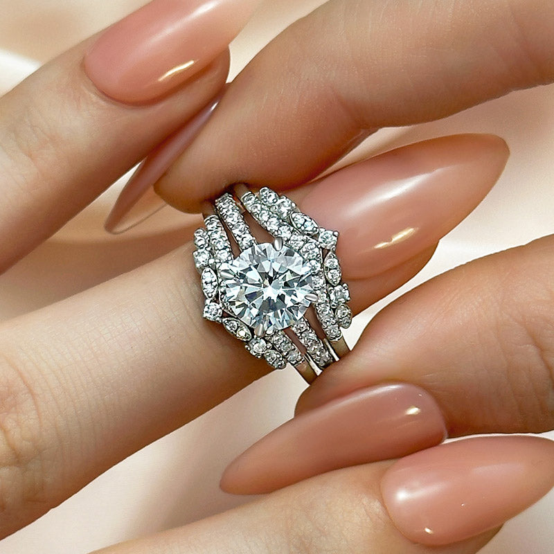 Ahabobo Classic Round Cut Insert Wedding Ring Set With Round Cut Jacket Wedding Band