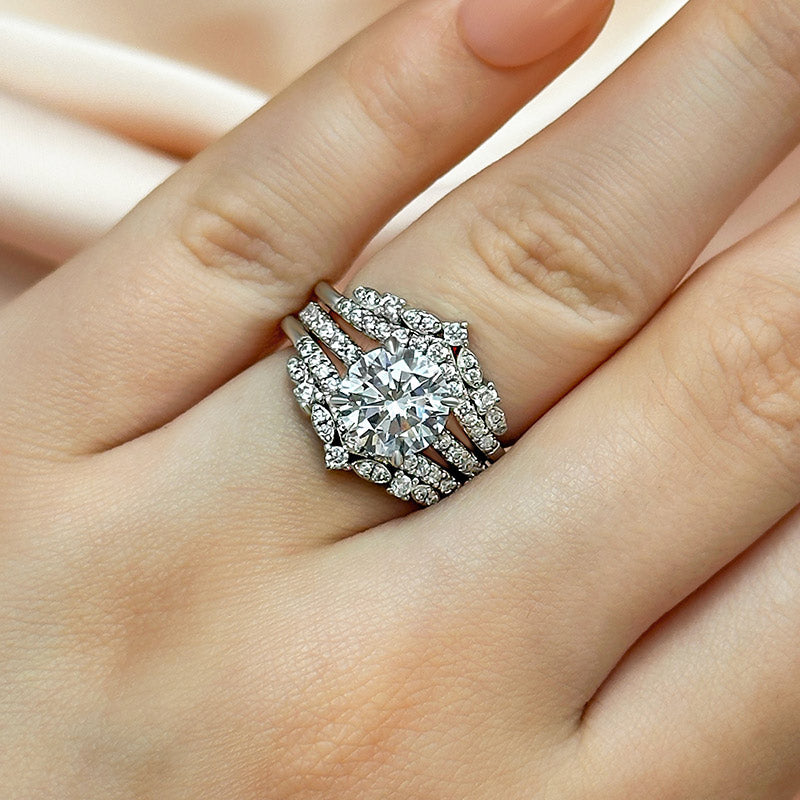 Ahabobo Classic Round Cut Insert Wedding Ring Set With Round Cut Jacket Wedding Band