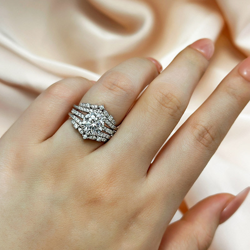 Ahabobo Classic Round Cut Insert Wedding Ring Set With Round Cut Jacket Wedding Band