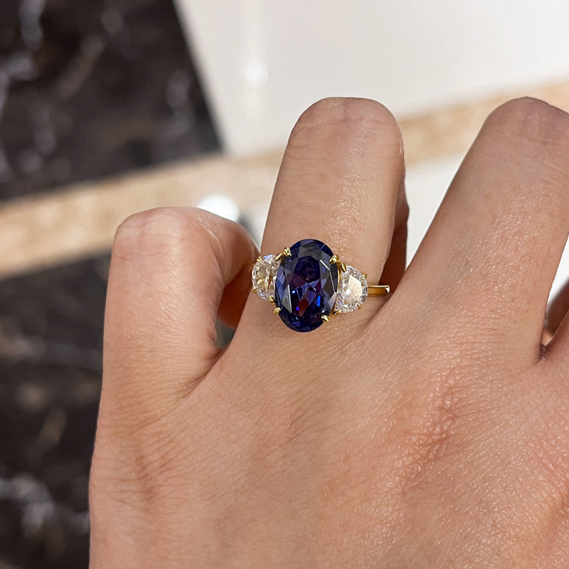 Yellow Gold 3.5 Carat Blue Sapphire Oval Cut Three Stone Engagement Ring