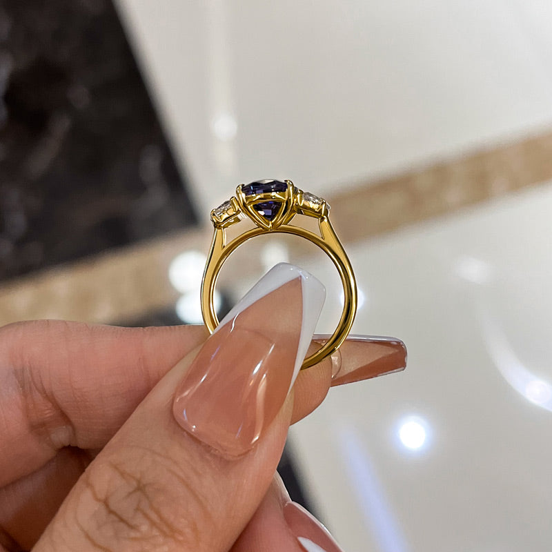 Yellow Gold 3.5 Carat Blue Sapphire Oval Cut Three Stone Engagement Ring