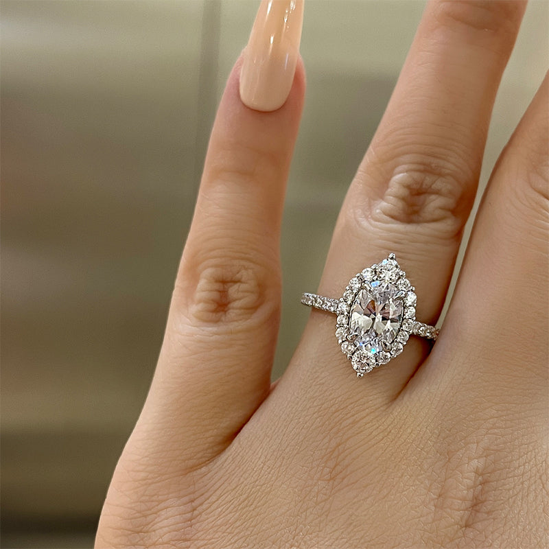 Vintage Halo Oval Cut Insert Wedding Ring Set For Women In Sterling Silver