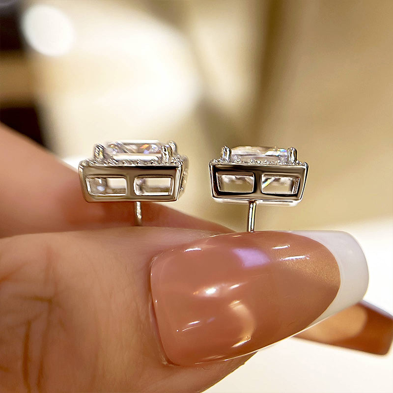 2.0Ct Fashion Halo Princess Cut Sona Simulated Diamond Stud Earrings In Sterling Silver