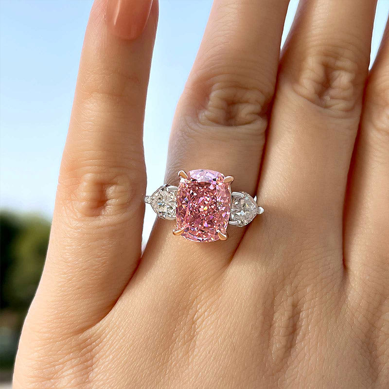 Elegant Cushion Cut Three Stone Pink Sapphire Engagement Ring In Sterling Silver