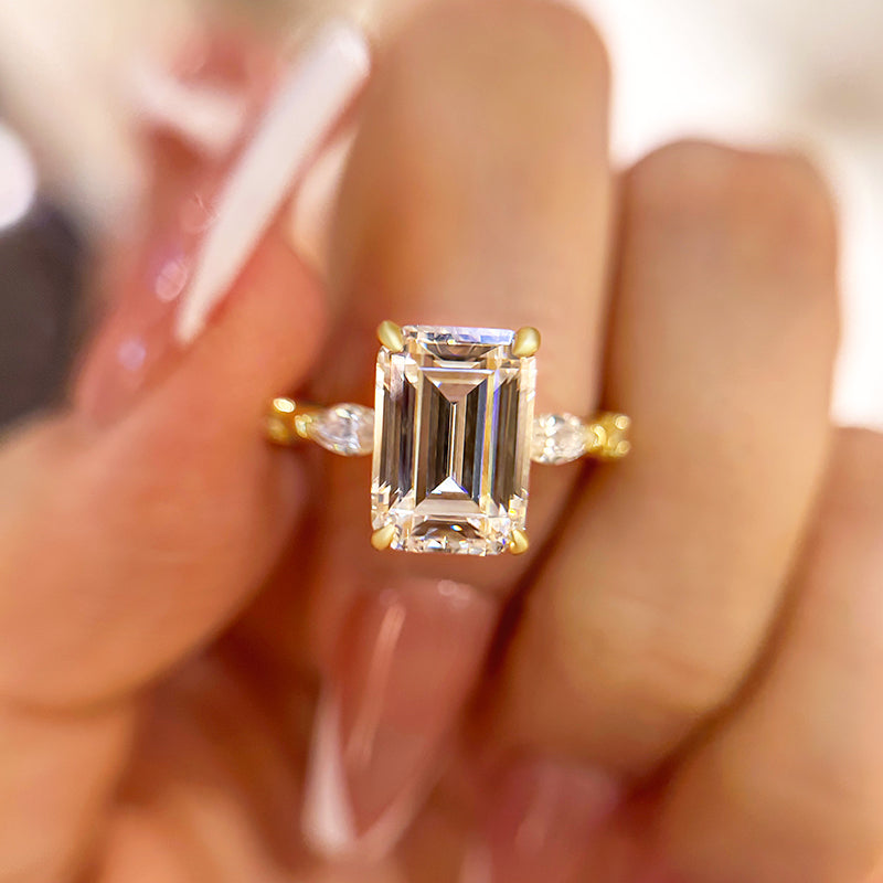 Classic Yellow Gold Emerald Cut Three Stone Engagement Ring For Women In Sterling Silver