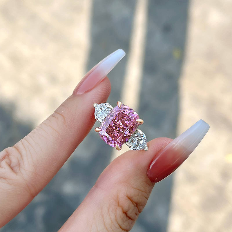 Elegant Cushion Cut Three Stone Pink Sapphire Engagement Ring In Sterling Silver