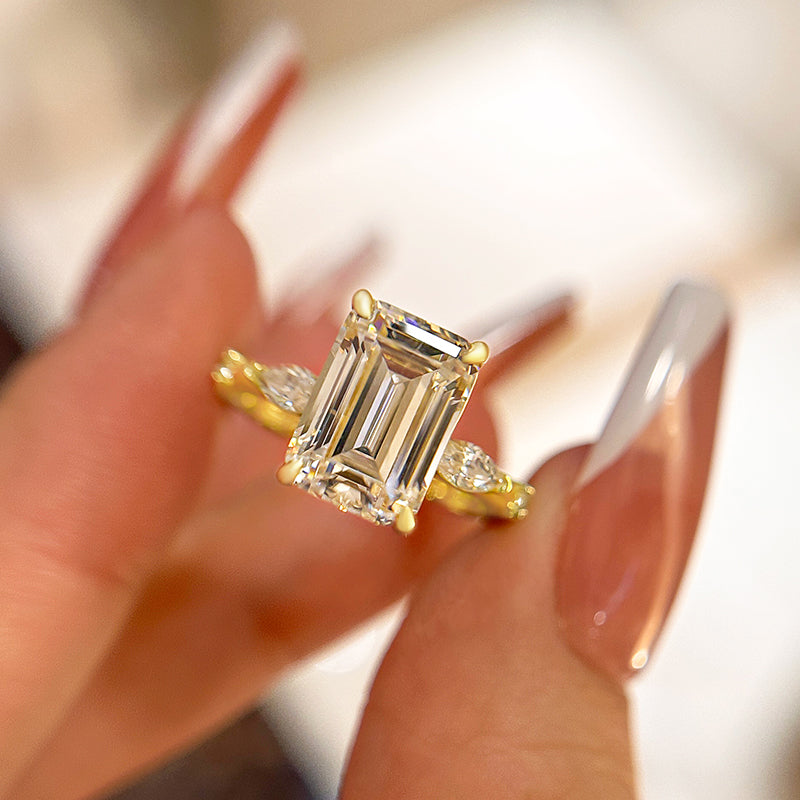 Classic Yellow Gold Emerald Cut Three Stone Engagement Ring For Women In Sterling Silver