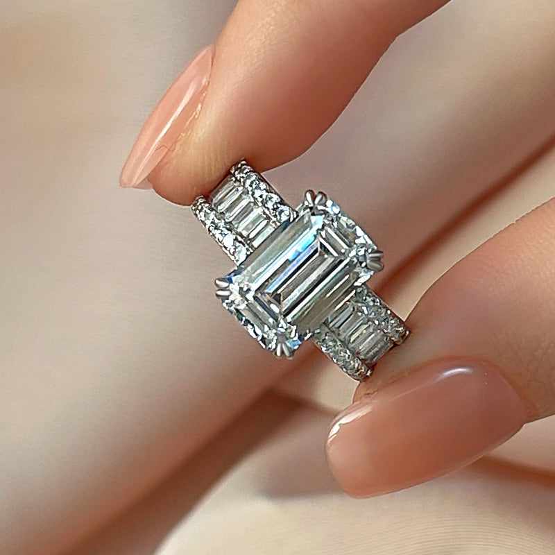 Ahabobo Glittering 5.0Ct Emerald Cut Engagement Ring with Wide Band
