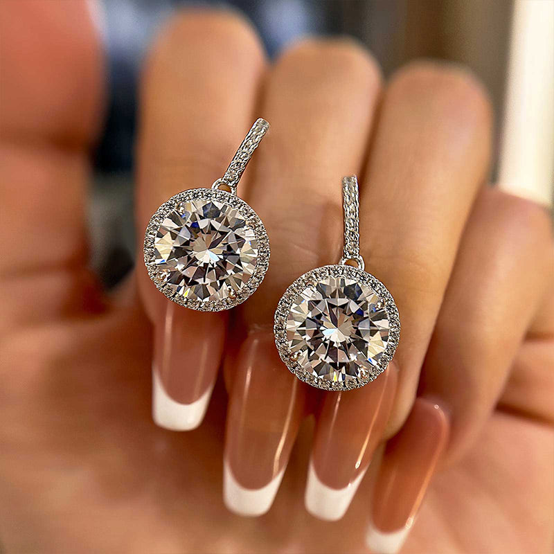 Stunning 5.0 Carat Halo Brilliant Cut Drop Earrings In Sterling Silver