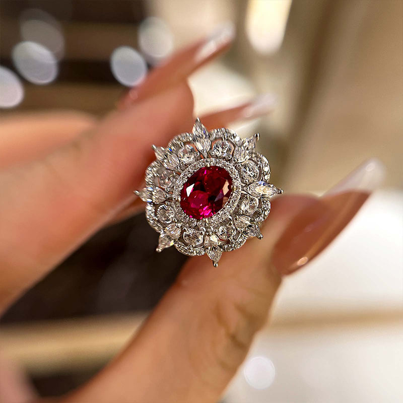 Exclusive Flower Shape 1.0 Carat Oval Cut Ruby Engagement Ring In White Gold
