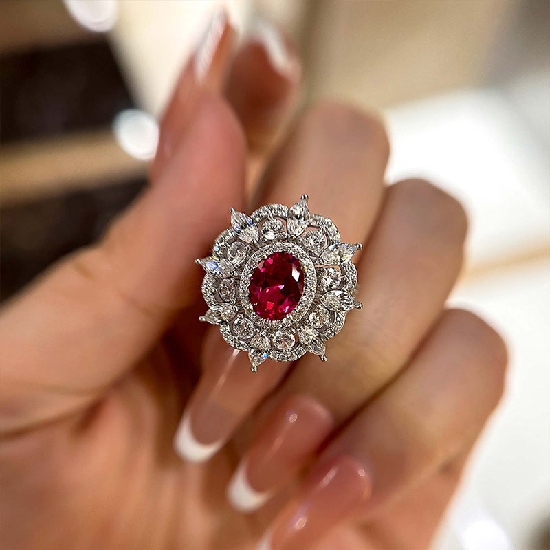 Exclusive Flower Shape 1.0 Carat Oval Cut Ruby Engagement Ring In White Gold