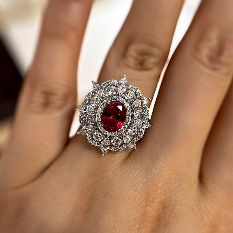 Exclusive Flower Shape 1.0 Carat Oval Cut Ruby Engagement Ring In White Gold