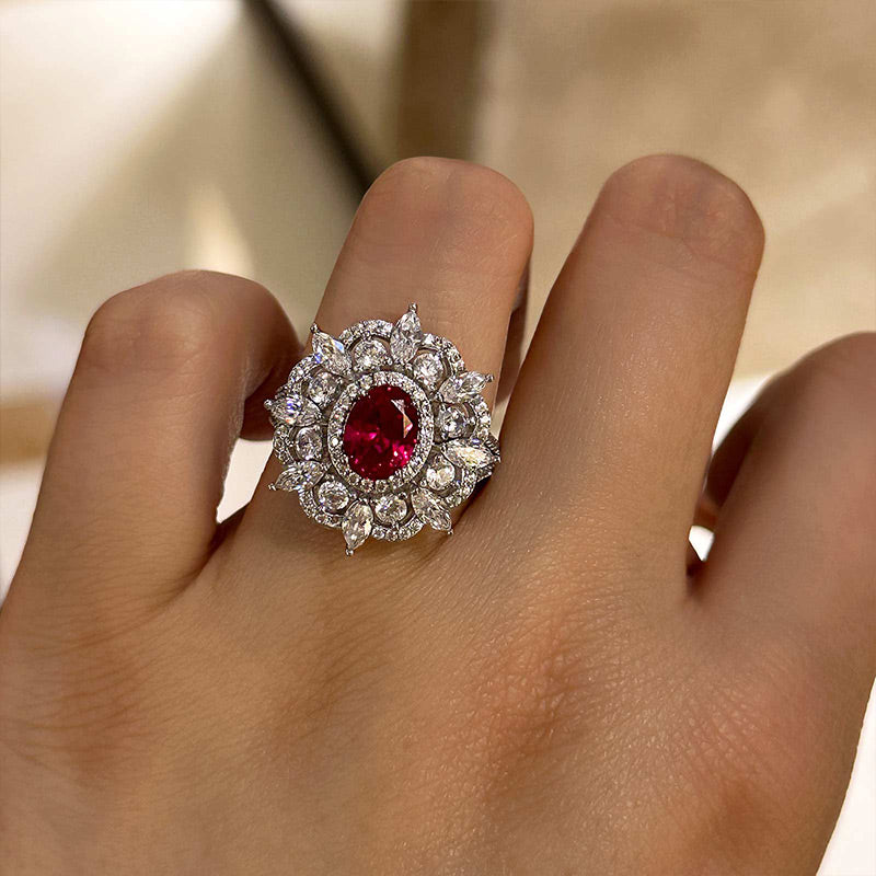 Exclusive Flower Shape 1.0 Carat Oval Cut Ruby Engagement Ring In White Gold