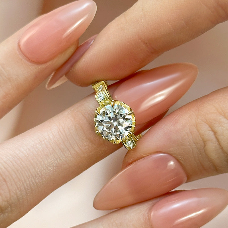 Moissanite Yellow Gold 2.0 Carat Round Cut Vintage Engagement Ring