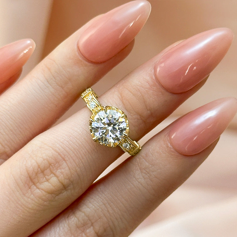 Moissanite Yellow Gold 2.0 Carat Round Cut Vintage Engagement Ring