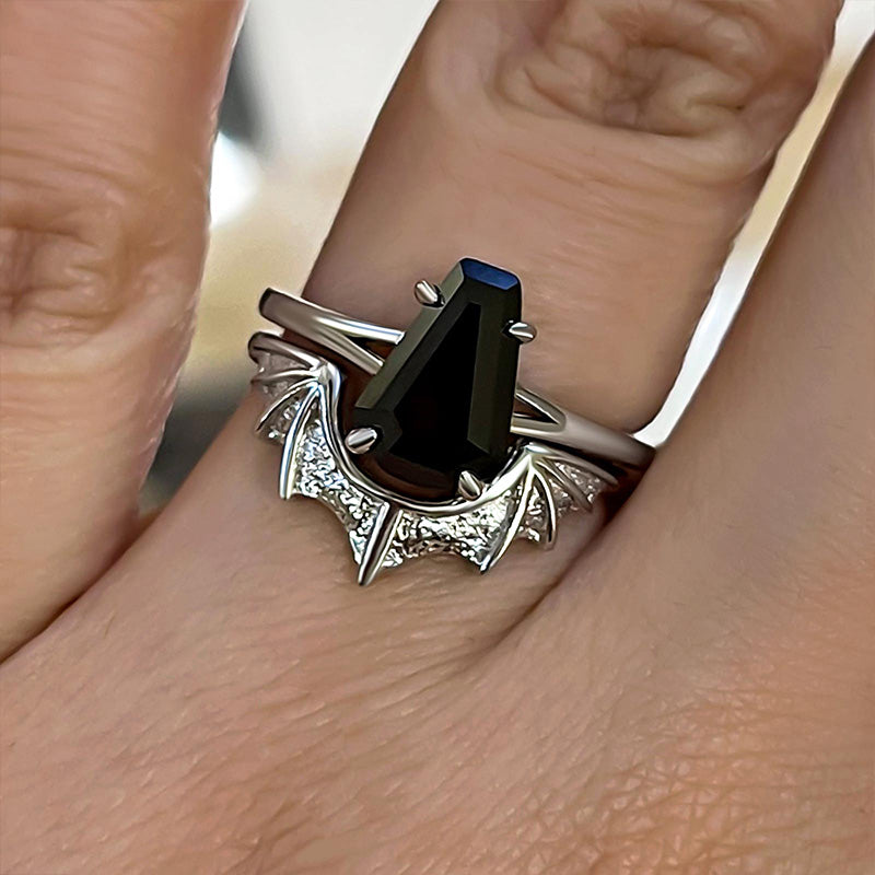 Dark Split Shank Coffin Cut Wedding Ring Set For Women In Sterling Silver