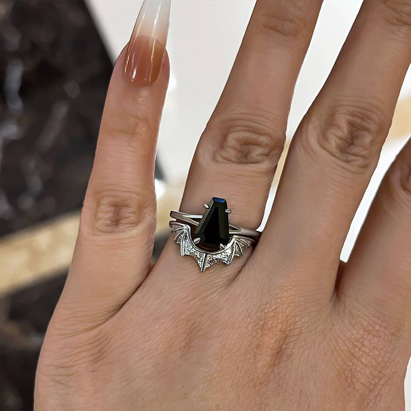 Dark Split Shank Coffin Cut Wedding Ring Set For Women In Sterling Silver