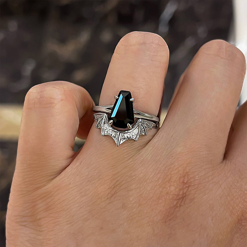 Dark Split Shank Coffin Cut Wedding Ring Set For Women In Sterling Silver