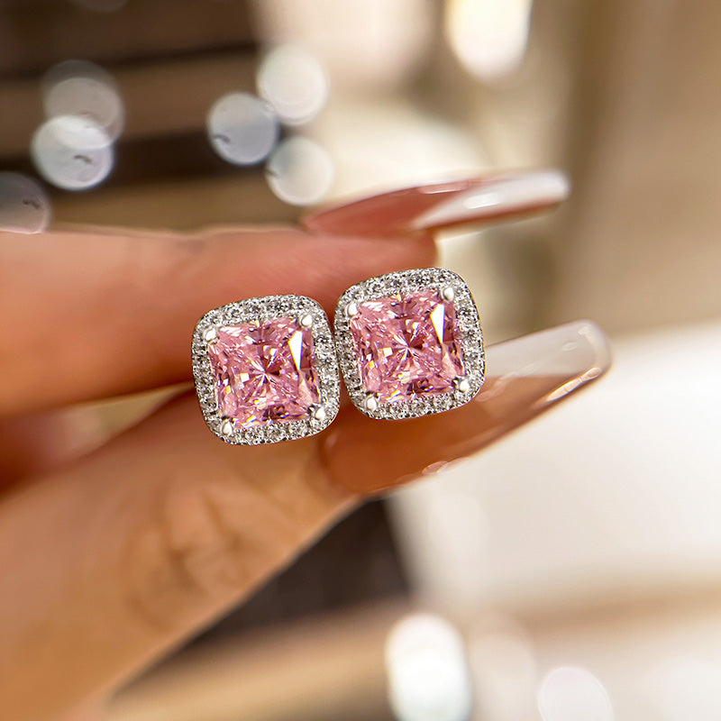 2.0 Carat Halo Square Princess Cut Pink Sapphire Sterling Silver Women's Stud Earrings