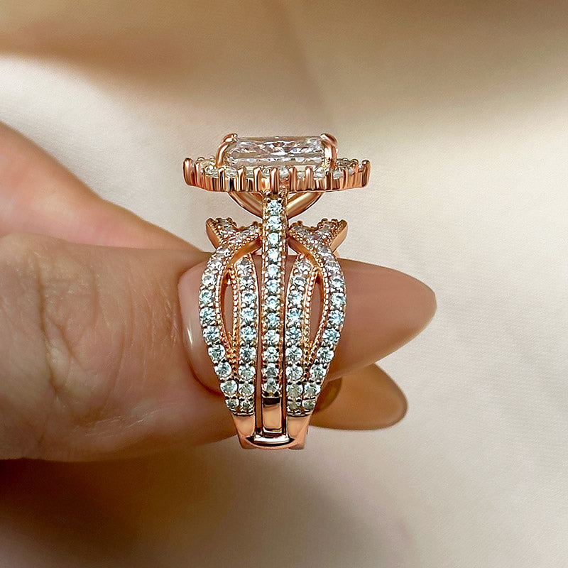 Vintage 3.5 Carat Halo Radiant Cut Insert Wedding Ring Set Travel Ring For Women In Sterling Silver