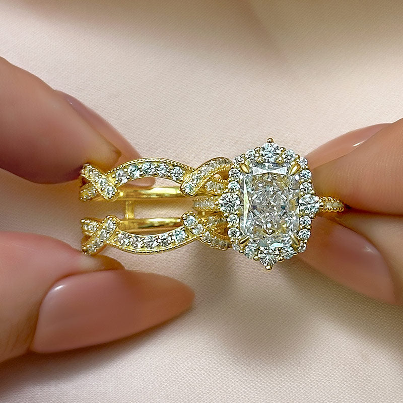 Vintage 3.5 Carat Halo Radiant Cut Insert Wedding Ring Set Travel Ring For Women In Sterling Silver