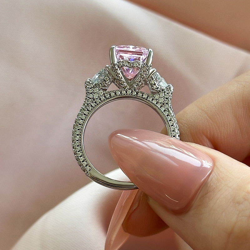 Ahabobo Pink Stone Radiant Cut Three Stone Engagement Ring