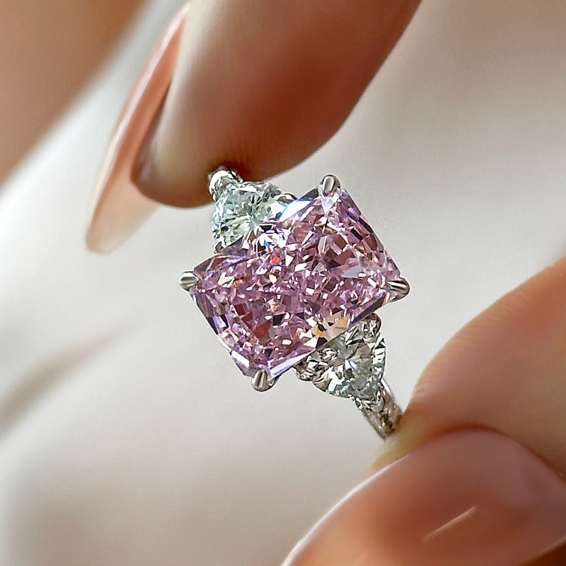 Ahabobo Pink Stone Radiant Cut Three Stone Engagement Ring