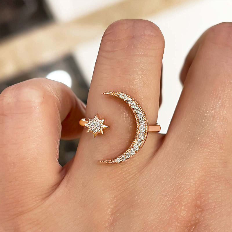 Crescent Moon & Star Adjustable Open Ring