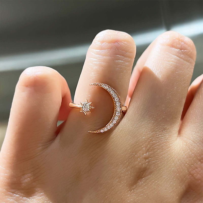 Crescent Moon & Star Adjustable Open Ring