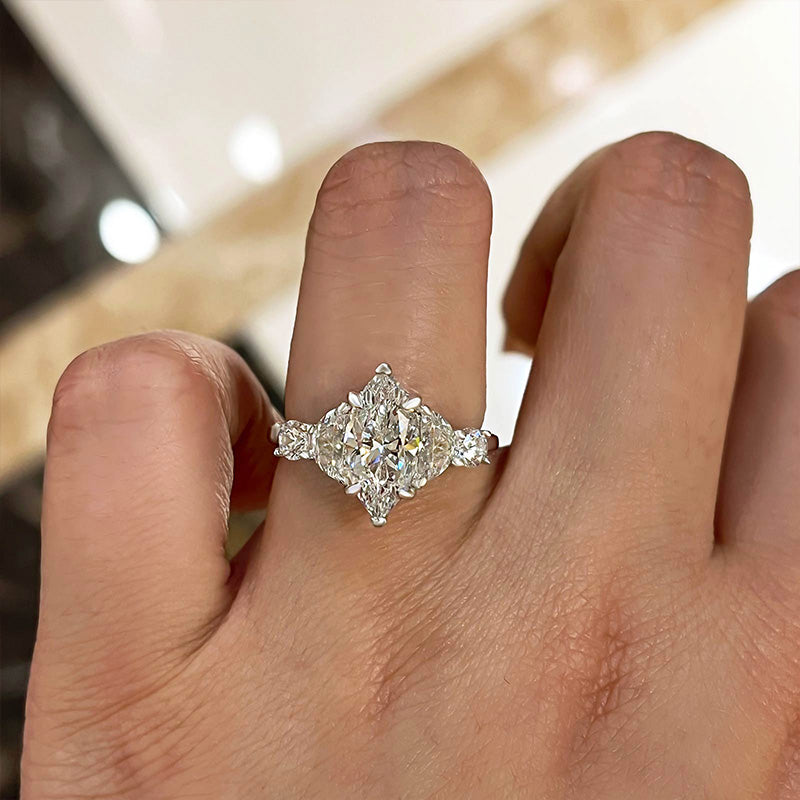 Stunning Marquise Cut Three Stone Engagement Ring In Sterling Silver