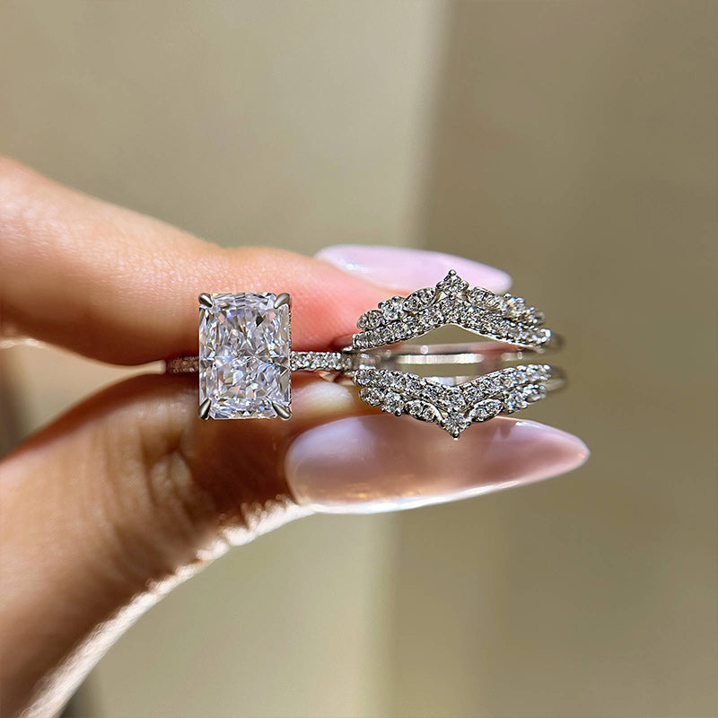 Ahabobo Elegant Radiant Cut Insert Wedding Ring Set For Women In Sterling Silver