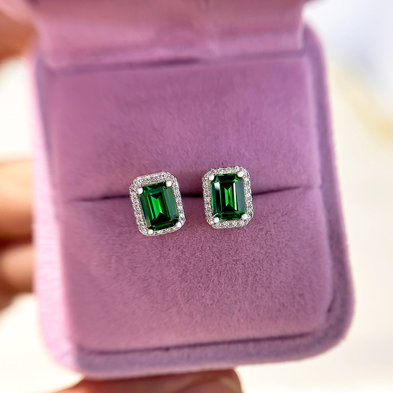 1.5Ct Emerald Green Halo Emerald Cut Women's Stud Earrings