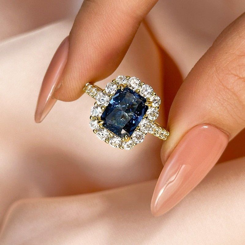 Gorgeous Yellow Gold Halo Radiant Cut Montana Blue Sapphire Engagement Ring