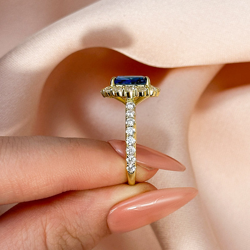 Gorgeous Yellow Gold Halo Radiant Cut Montana Blue Sapphire Engagement Ring