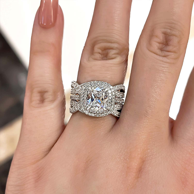 Vintage Double Halo Cushion Cut Insert Wedding Ring Set For Women In Sterling Silver