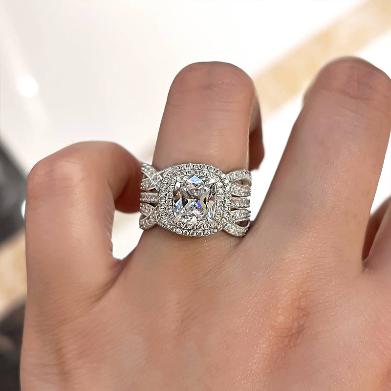 Vintage Double Halo Cushion Cut Insert Wedding Ring Set For Women In Sterling Silver