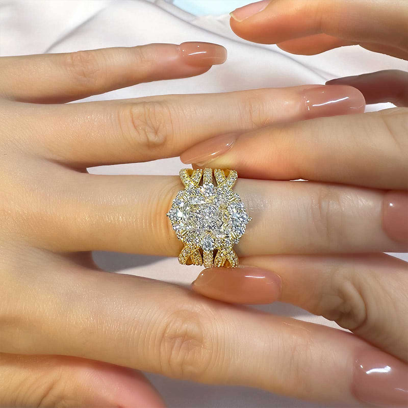 Vintage 3.5 Carat Halo Radiant Cut Insert Wedding Ring Set Travel Ring For Women In Sterling Silver