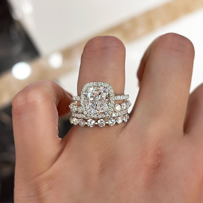 Stunning Halo Cushion Cut 4PC Wedding Set in Sterling Silver