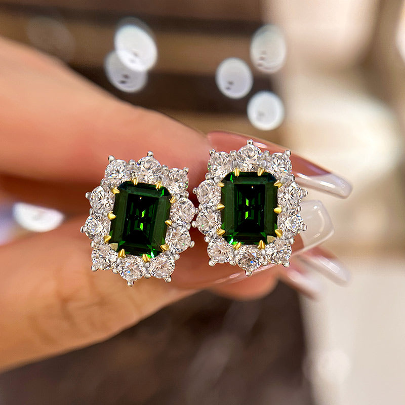 4.5Ct Vintage Flower Design Emerald Cut Emerald Green Earrings In Sterling Silver