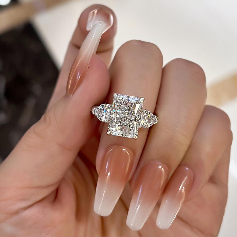 Luxurious Radiant Cut & Heart Cut Three Stone Engagement Ring In Sterling Silver