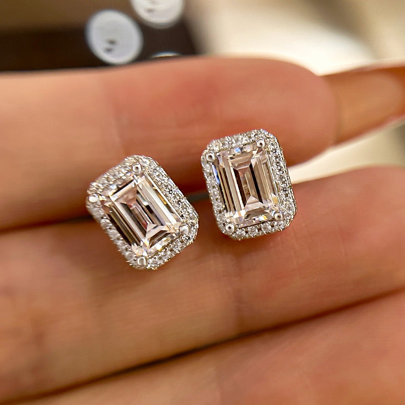 1.5Ct Sparkle Halo Emerald Cut Women's Stud Earrings In Sterling Silver