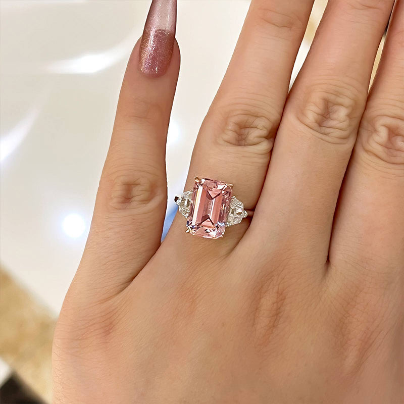 Gorgeous Emerald Cut Morganite Pink Three Stone Engagement Ring In Sterling Silver