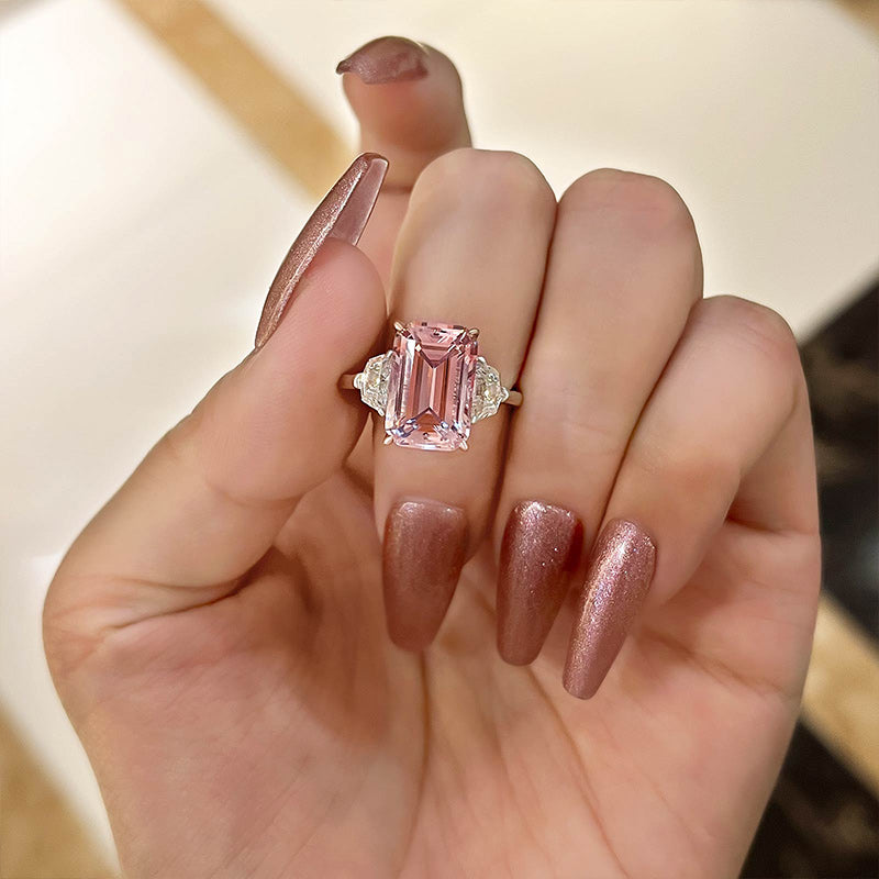 Gorgeous Emerald Cut Morganite Pink Three Stone Engagement Ring In Sterling Silver