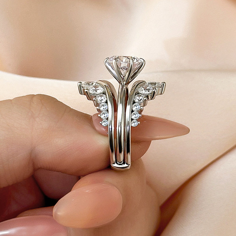 Ahabobo Unique Crown Design Round Cut Insert Wedding Ring Set